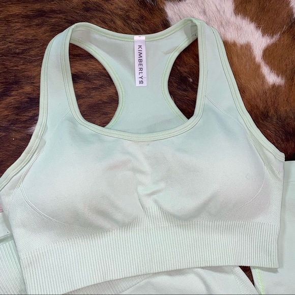 Ribbed Athletic Set Leggings Sports Bra Mint Green - Picture 2 of 7